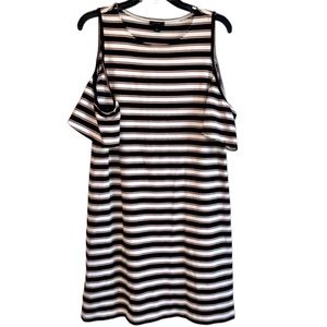 Ann Taylor cold shoulder black, pink and white dress. Heavy knit S